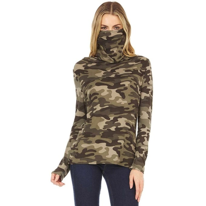 T-shirt manches longues grand col roulé camouflage pour femme 1357 7ede05
